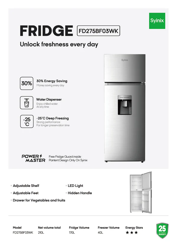 Syinix Fridge with Water Dispenser Energy Star Silver 210L FD275BF03WK