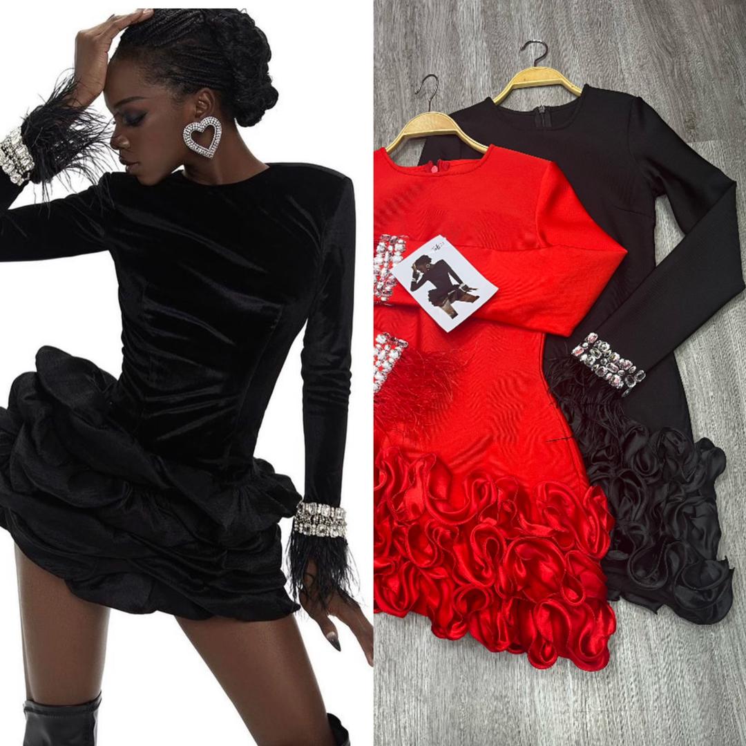 621 Sultry Flamenco Long-Sleeve Ruffle and Feather Mini Dress