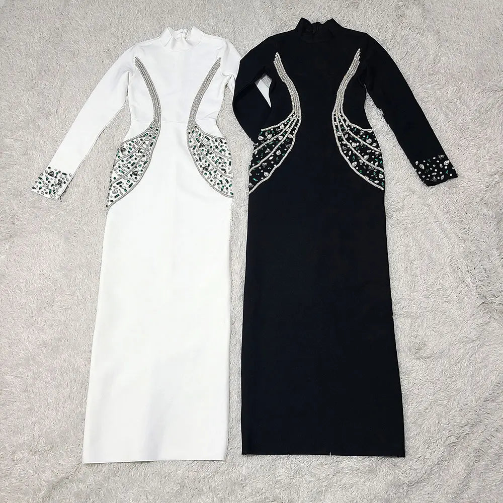 526 Jewel-Embellished Long-Sleeve Hourglass Gown