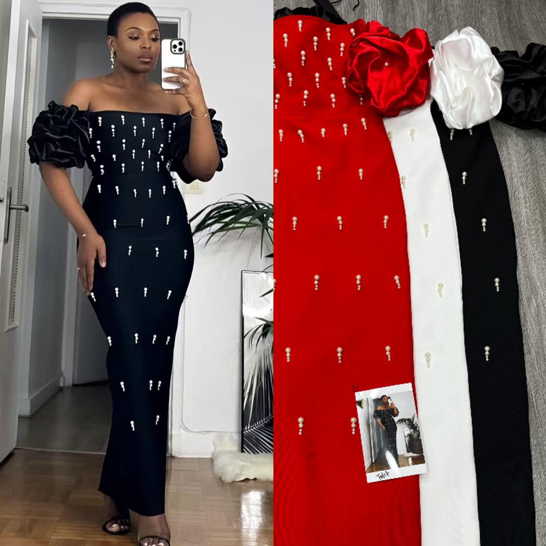 614 Luxury Pearl Embellished Off-Shoulder Gown Fabric