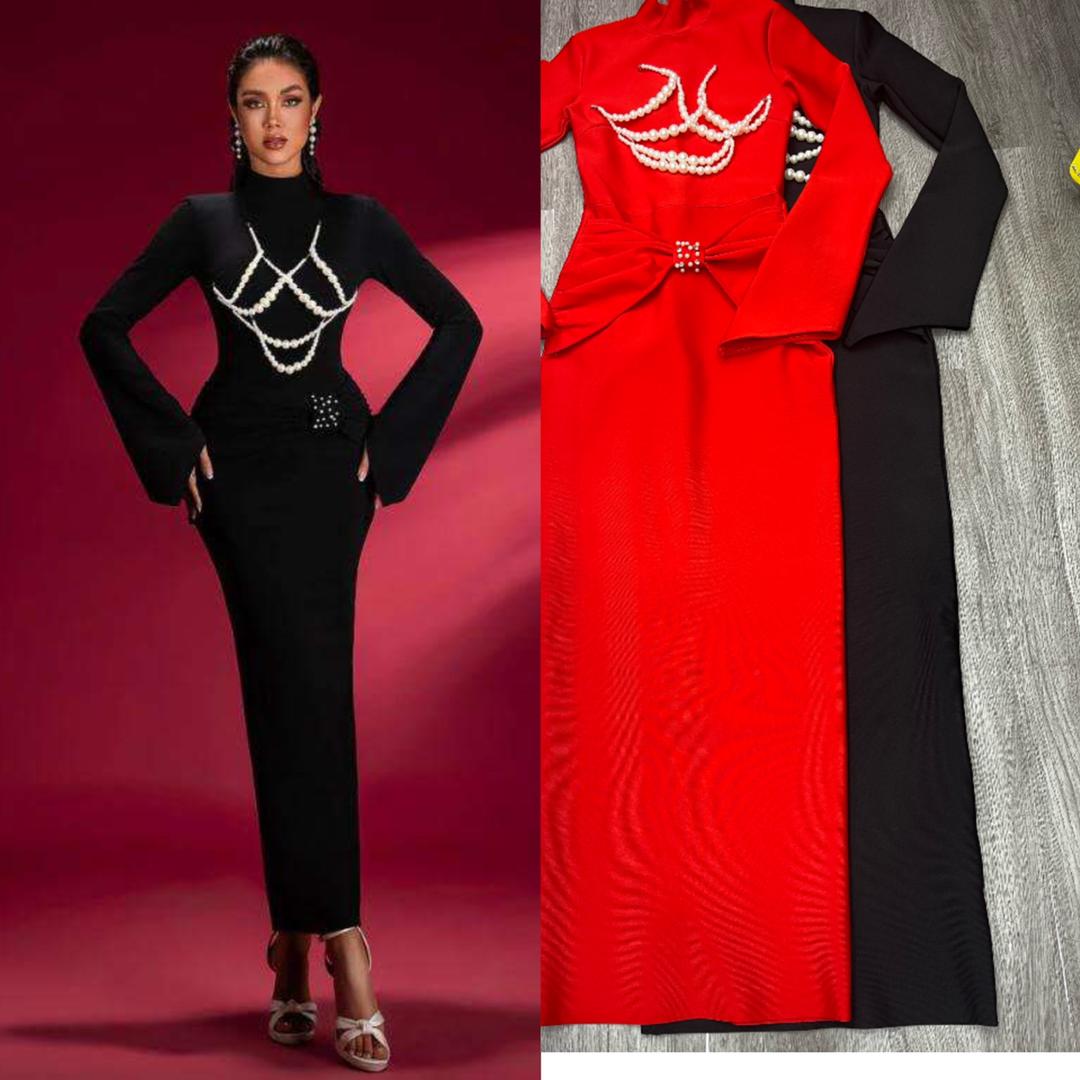 678 Elegant Pearl Chain Bell Sleeve Gown