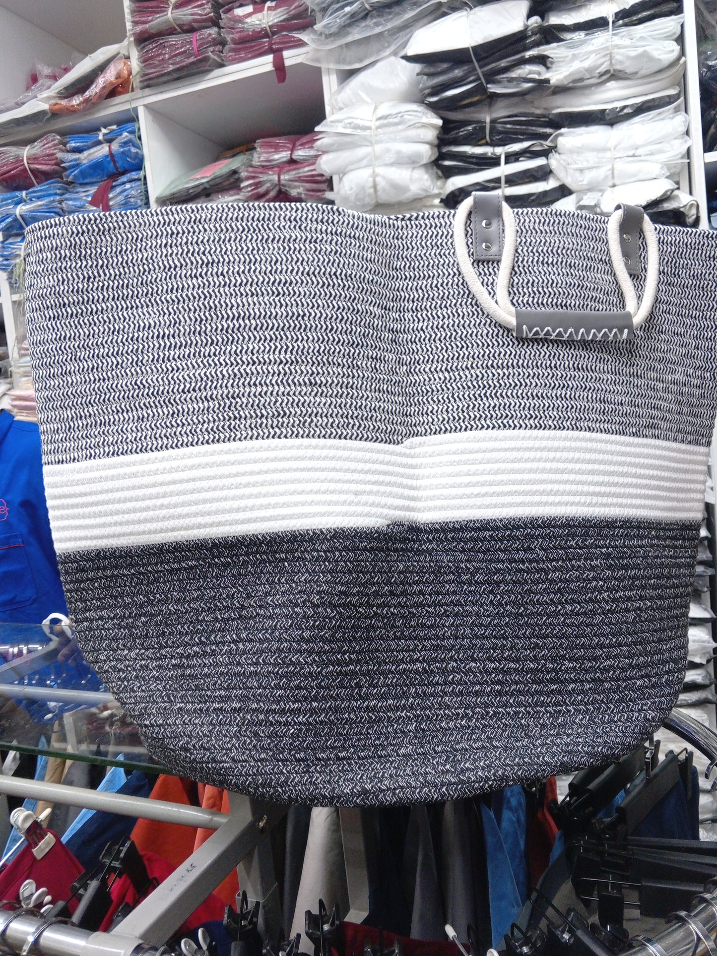 Two-Tone Handwoven Storage Basket with Handles