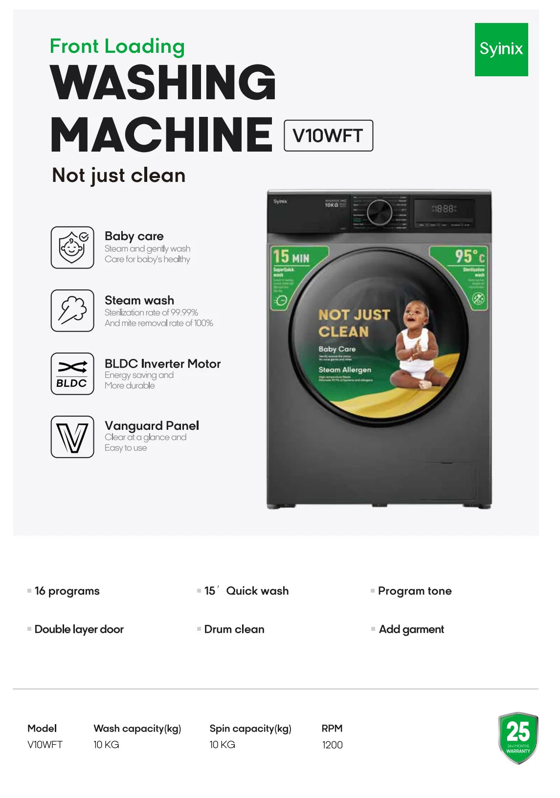 Syinix 10kg Front Load Washing Machine
