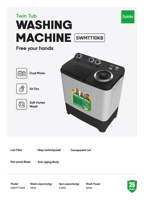 Syinix twin tub 10kg Washing Machine
