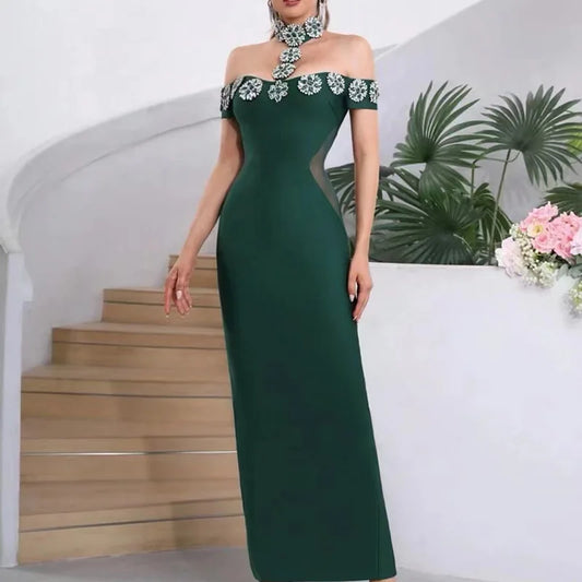 466 Cold-Shoulder Jewel Trim Maxi Dress