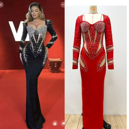 660 Long Sleeve Rhinestone Bandage Midi Dress