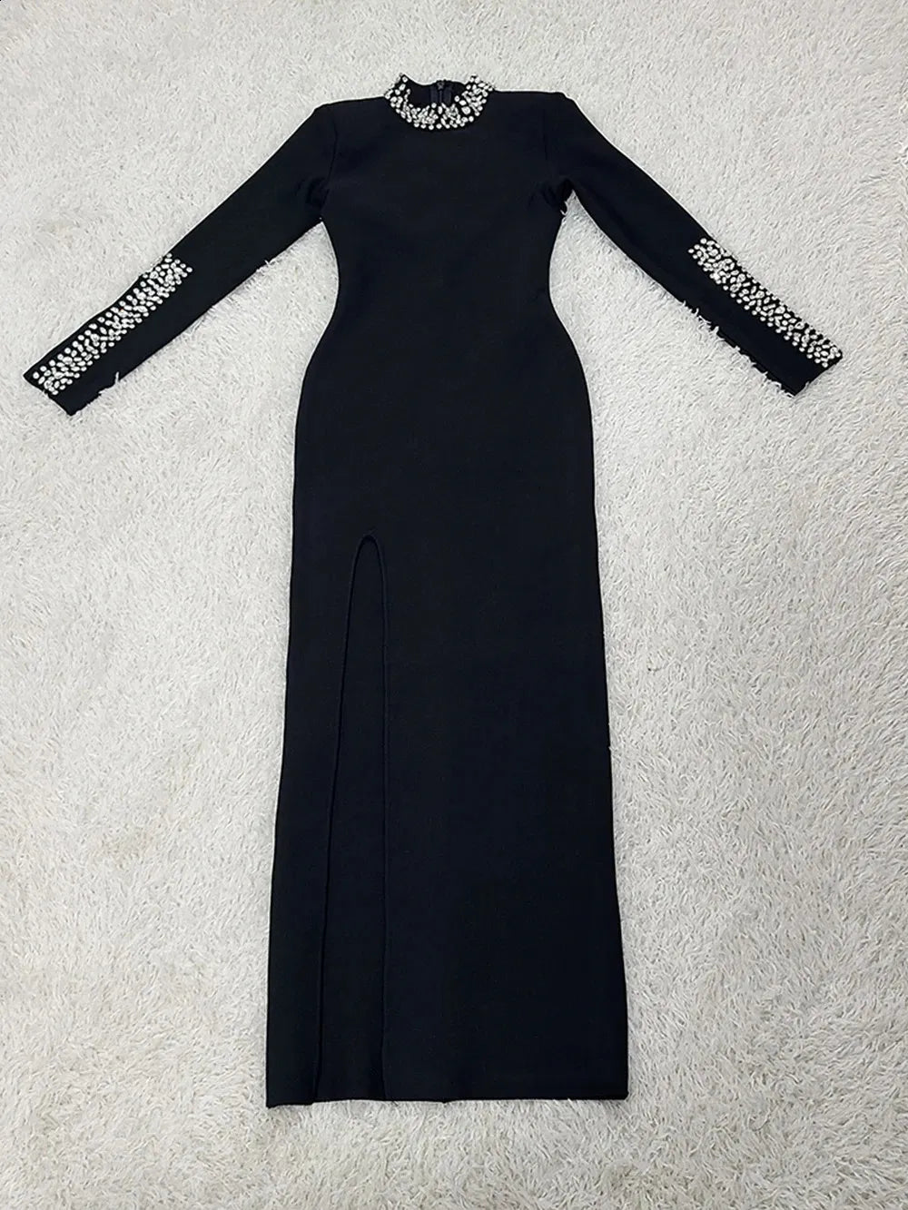 521 Jeweled High-Neck Long-Sleeve Gown