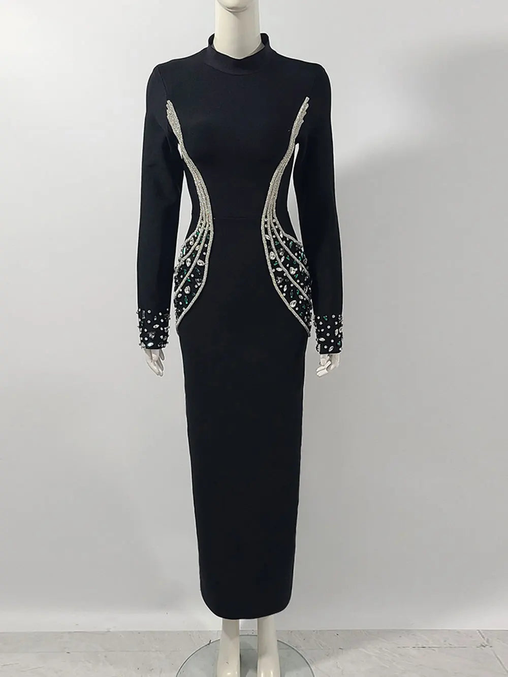 526 Jewel-Embellished Long-Sleeve Hourglass Gown