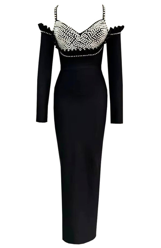 527 Black Pearl Embellished Cold Shoulder Long-Sleeve Bandage Gown