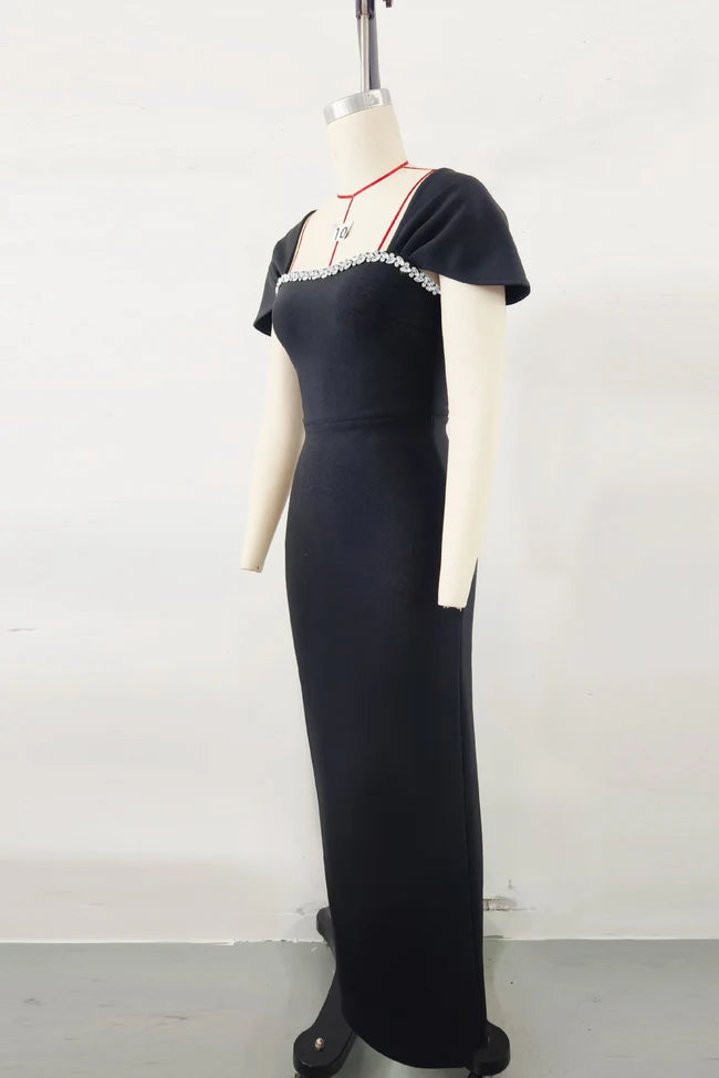 544 Square Neck Cap Sleeve Maxi Gown with Crystal Trim