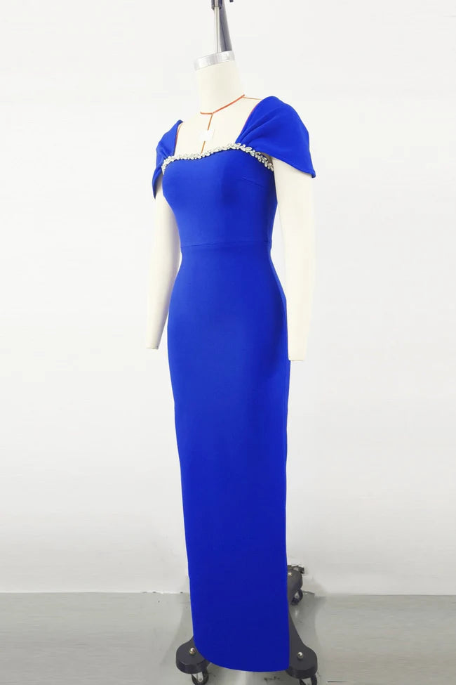 544 Square Neck Cap Sleeve Maxi Gown with Crystal Trim