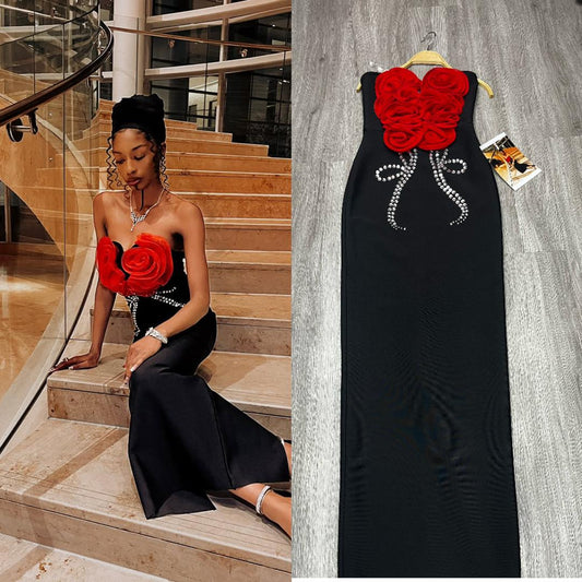 601 Strapless Maxi Dress with Red Floral