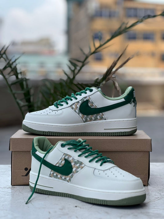 Air Force 1 Sneakers-Cream with Forest Green & Woven Accents