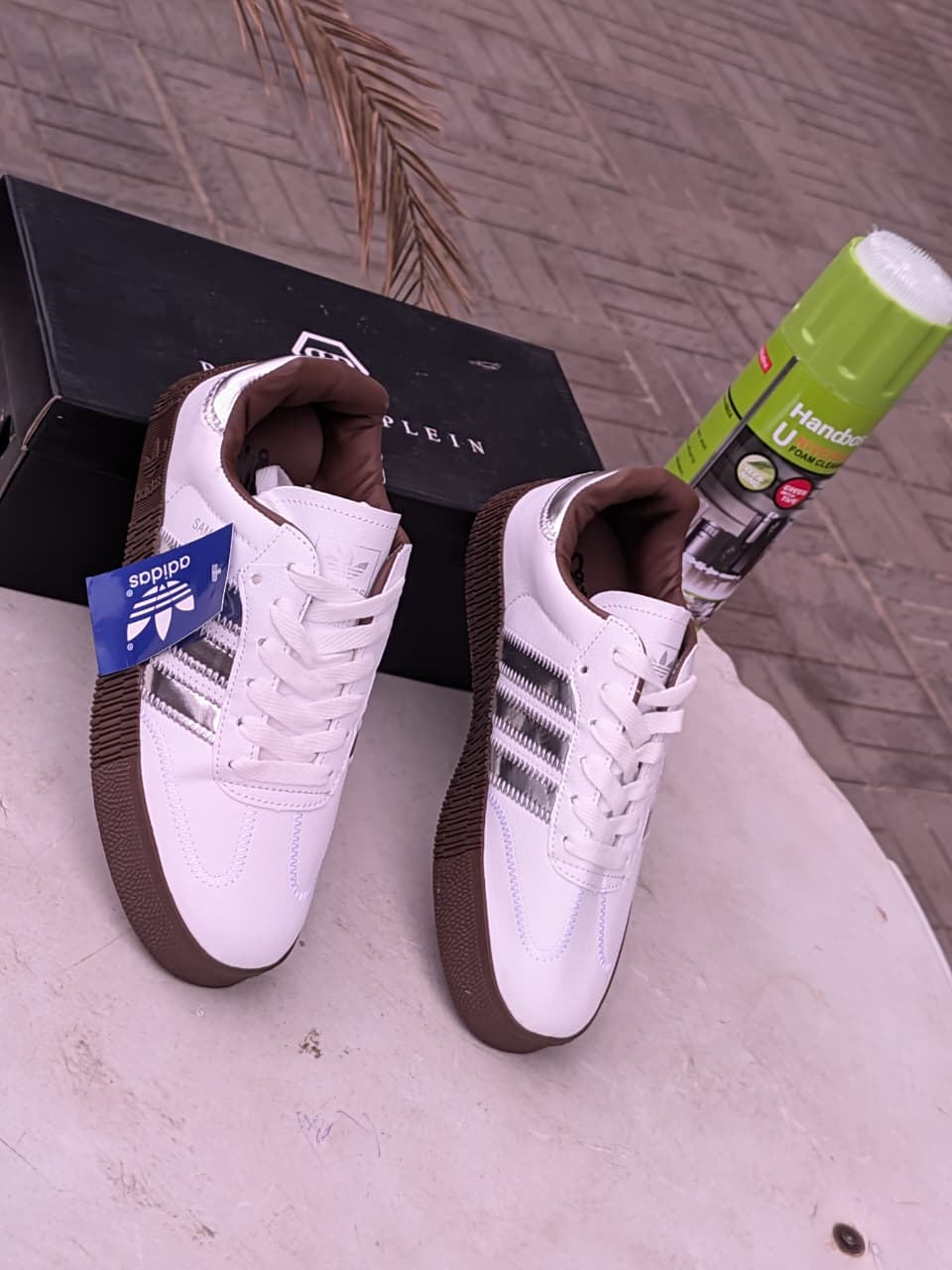 Samba Double Sole- White silver Brown Sole