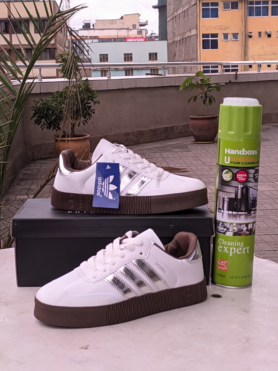 Samba Double Sole- White silver Brown Sole