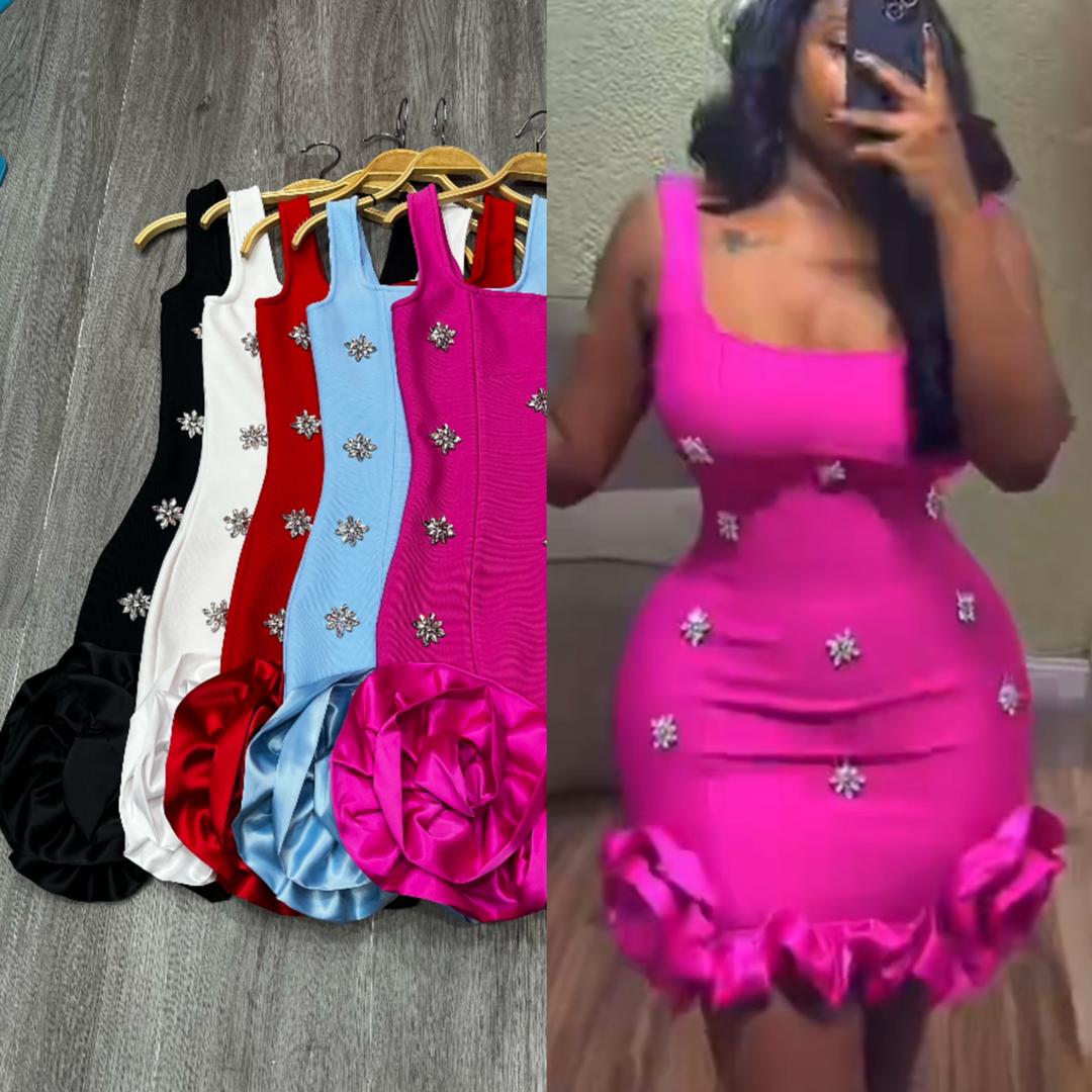 610 Petal Hem Crystal Flower Mini Bodycon Dress