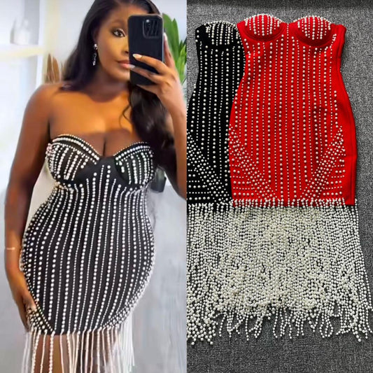 460 Luxury Faux Pearl Strapless Party Dress