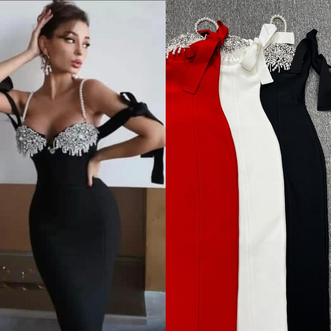 495 The Crystal Draped Bow-Strap Midi Dress