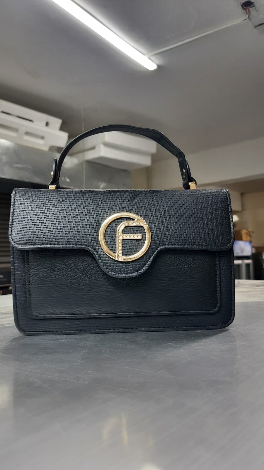 The Fortuna" Woven Flap Satchel with Rhinestone Monogram