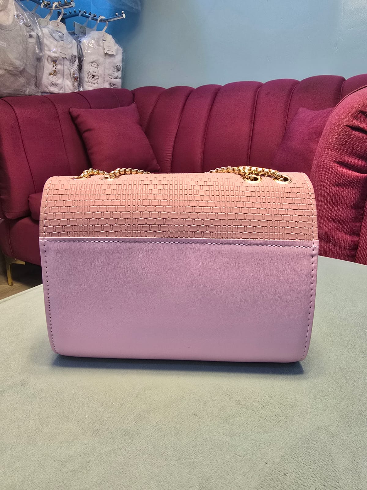 Two-Tone Woven Flap Crossbody Bag with Gold Chain