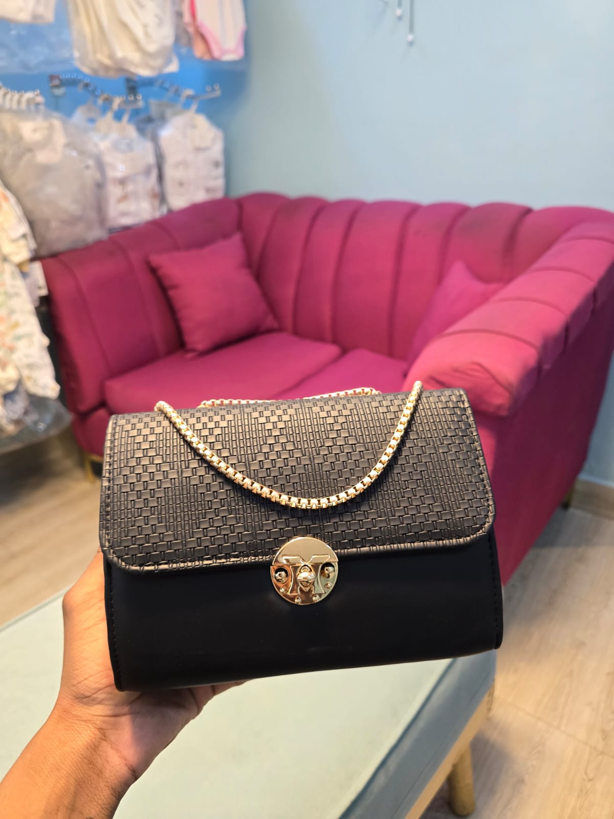 Two-Tone Woven Flap Crossbody Bag with Gold Chain