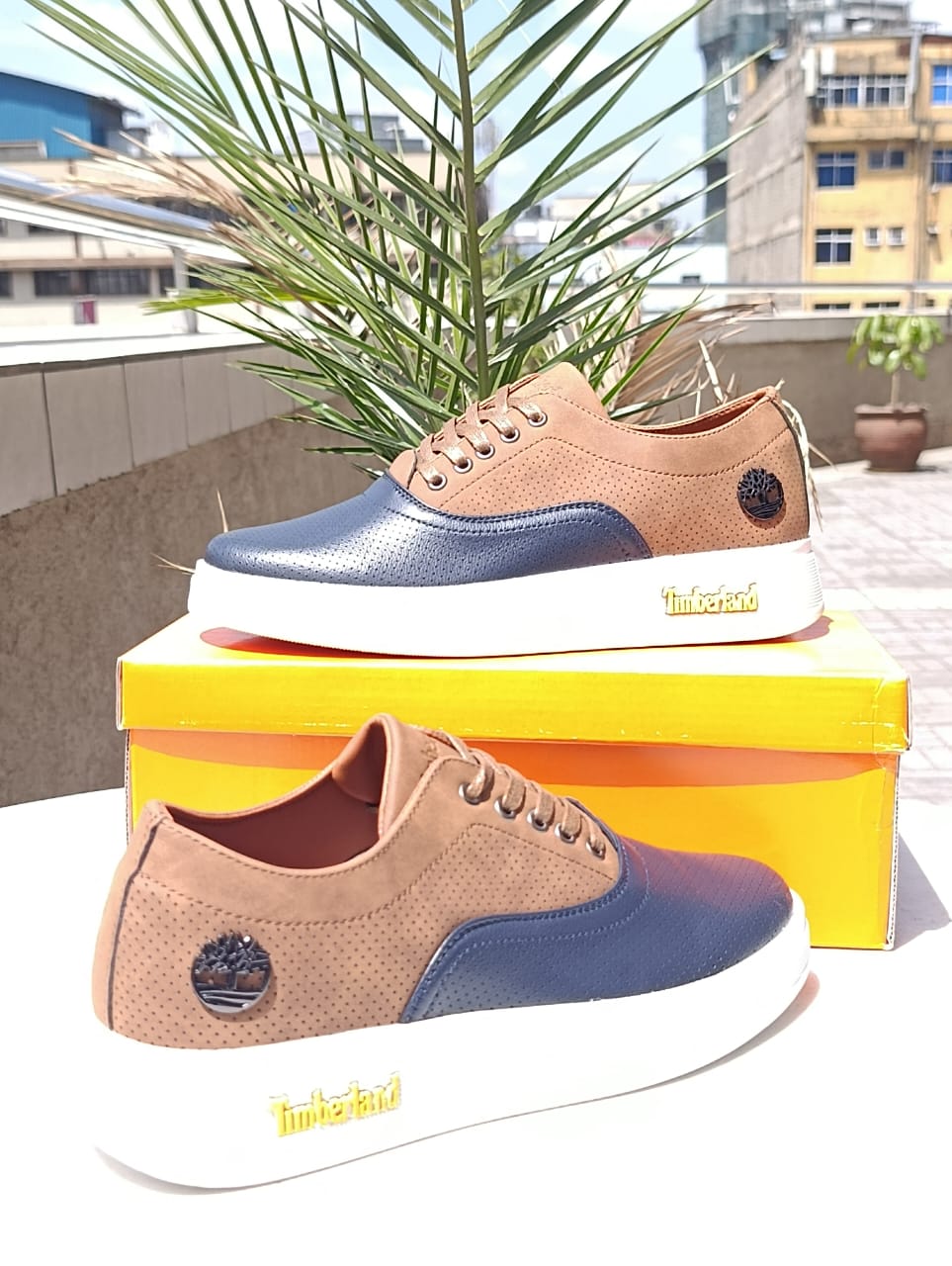 Timberland brown and navy blue casual low-top sneakers